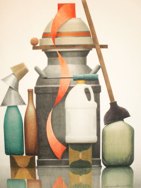 Watercolor still life image of household items stacked on top of and stacked around a crock. Objects include a plunger, plastic jug, an upside-down bowl, and a orange ball and ribbon.